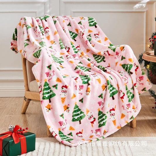 Flannel Christmas Blanket Soft Pink Blanket Christmas Theme Printed Home Living Room Bedroom Sofa Cover Blanket