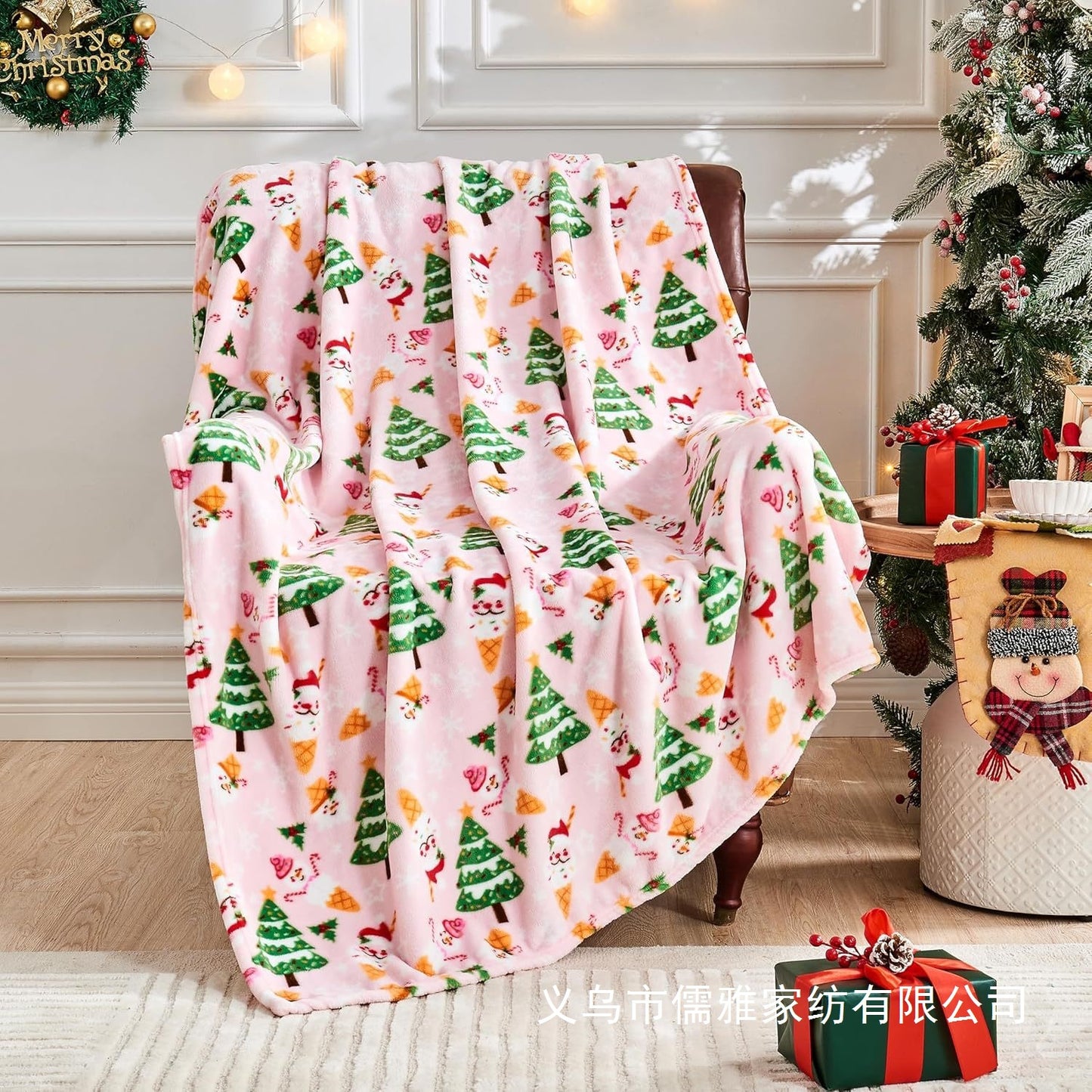 Flannel Christmas Blanket Soft Pink Blanket Christmas Theme Printed Home Living Room Bedroom Sofa Cover Blanket